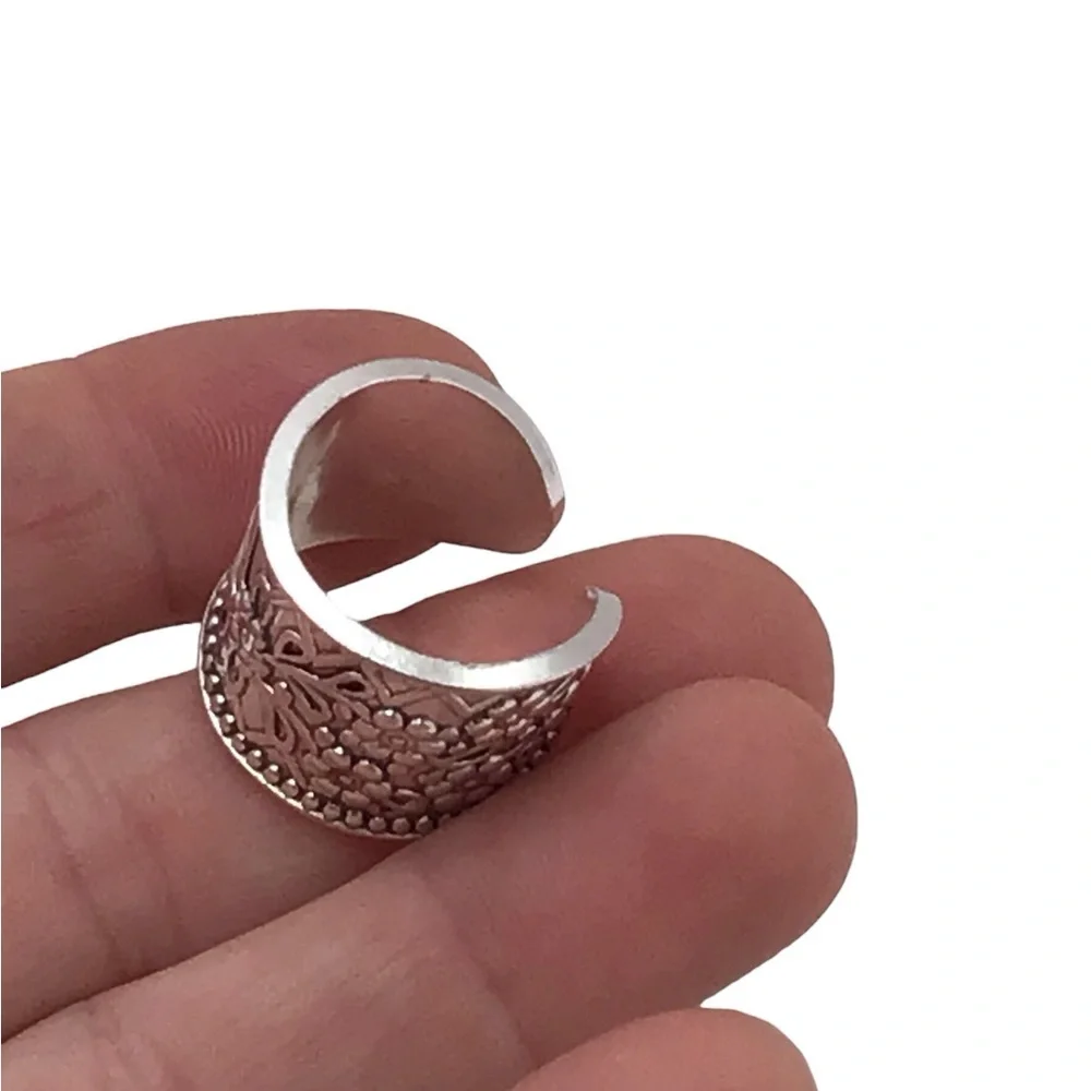 Silver- Tone Floral Wide Band Thumb Ring Adjustable Boho Vintage Style Statement - Picture 4 of 11
